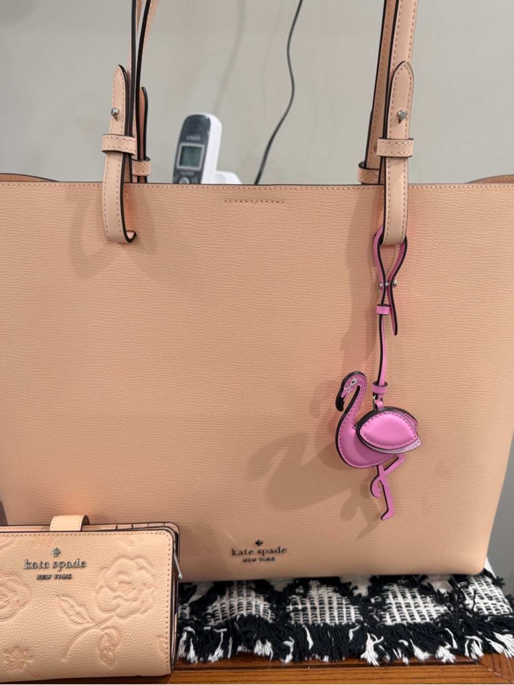 kate spade peach Tessa Leather Tote with Pink Flamingo Charm and wallet